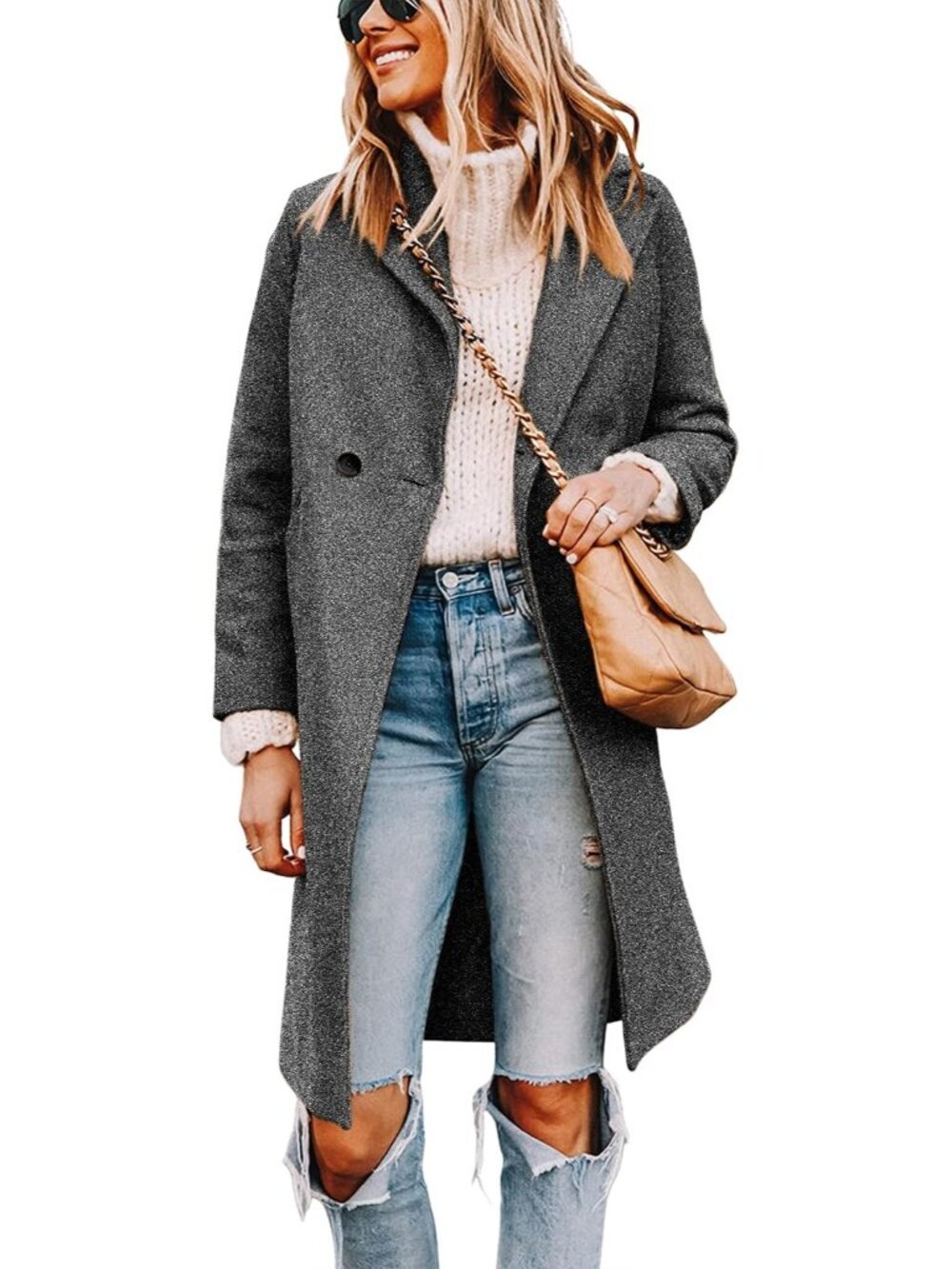 Women Light Grey Wool Blend Notch Lapel Double-Breasted Mid-Long Trench Pea Coat